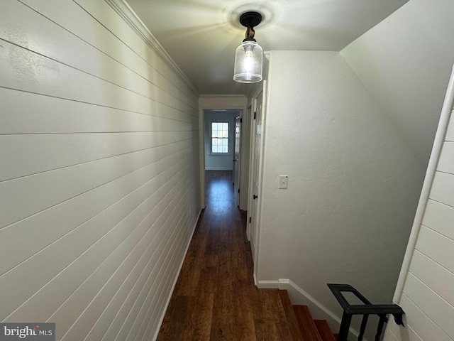 hallway featuring baseboards, dark wood-style flooring, and crown molding