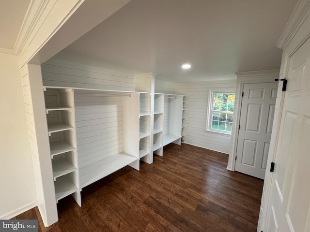 interior space featuring ornamental molding, recessed lighting, and wood finished floors