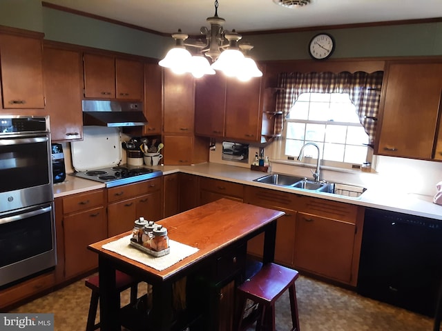 kitchen with ornamental molding, sink, pendant lighting, a notable chandelier, and stainless steel appliances