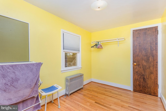 sitting room featuring radiator and light hardwood / wood-style floors