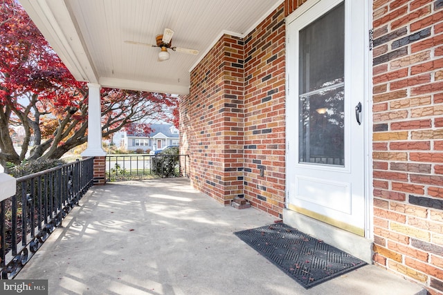 view of patio / terrace with ceiling fan and a porch