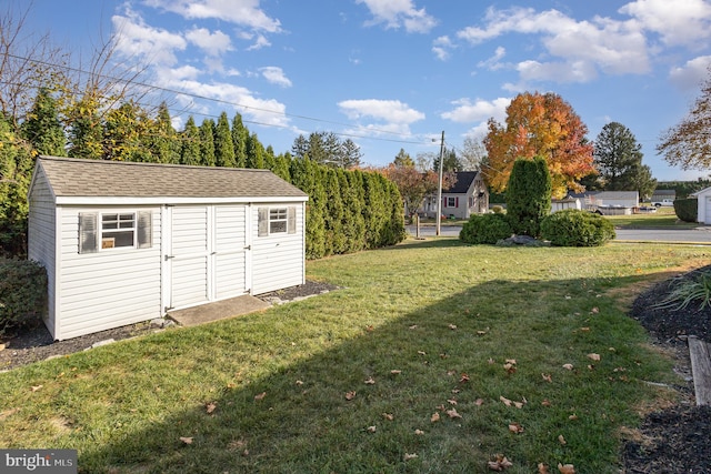 view of yard featuring a storage unit