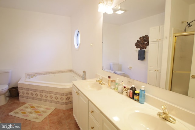 full bathroom with vanity, toilet, shower with separate bathtub, and tile patterned flooring