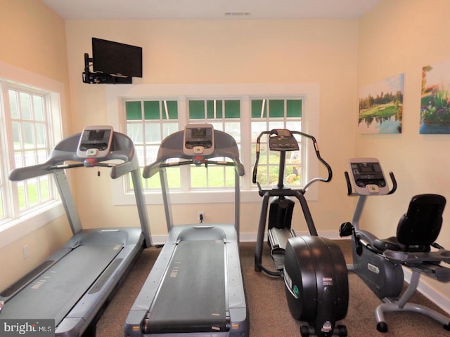 exercise room featuring dark carpet