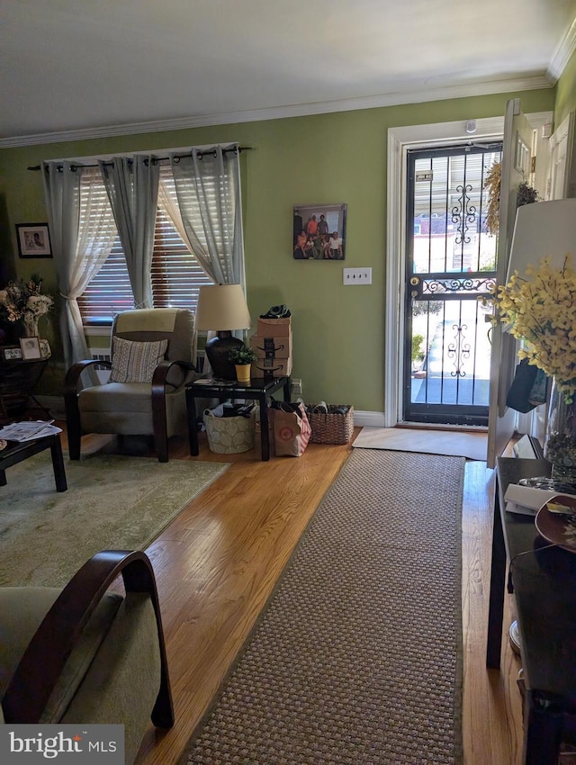 living room featuring ornamental molding and light wood-type flooring