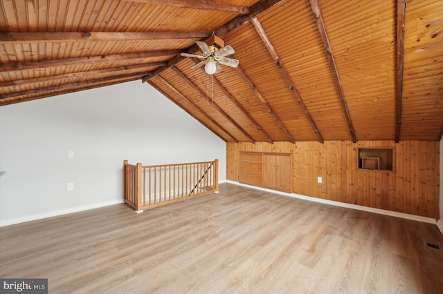 bonus room featuring lofted ceiling with beams, wood walls, wooden ceiling, and light hardwood / wood-style flooring