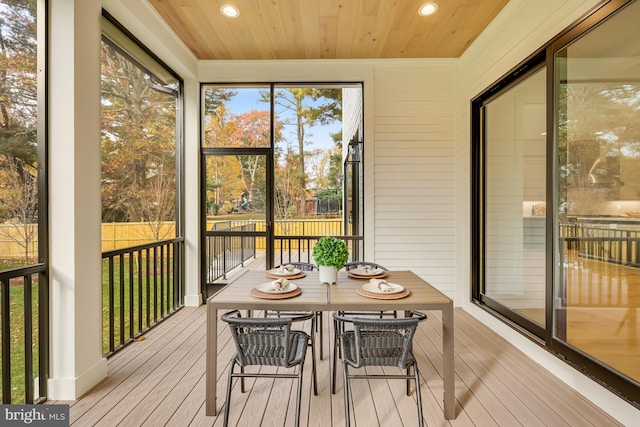 sunroom featuring wooden ceiling