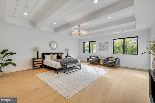 bedroom featuring beam ceiling, light hardwood / wood-style flooring, and a chandelier