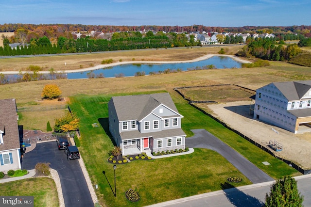 drone / aerial view featuring a water view