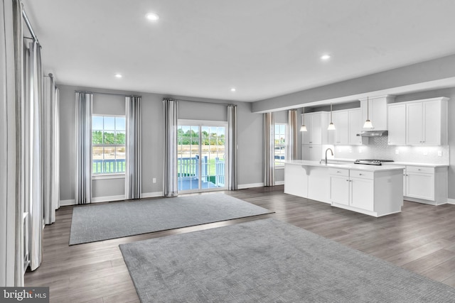 kitchen with an island with sink, white cabinetry, wood-type flooring, pendant lighting, and sink