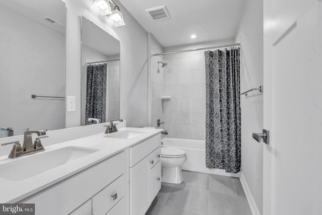 full bathroom featuring vanity, toilet, shower / tub combo, and tile patterned flooring