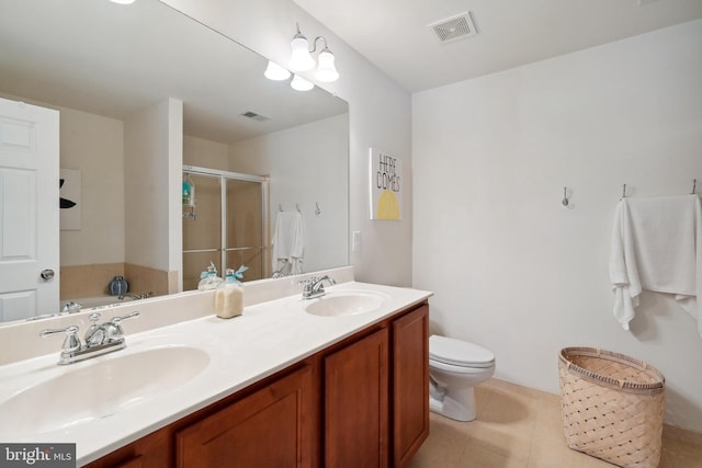 full bathroom with vanity, tile patterned flooring, toilet, and plus walk in shower