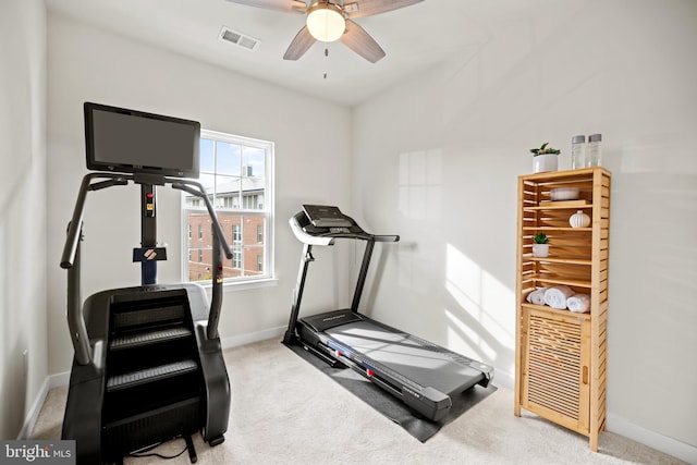 workout room featuring carpet floors and ceiling fan