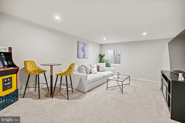 living room with light colored carpet