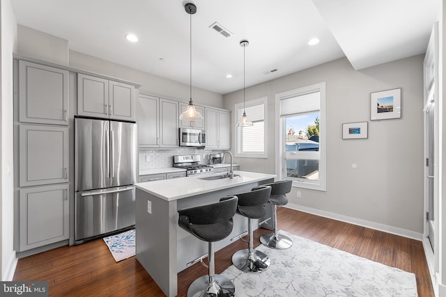 kitchen featuring a kitchen breakfast bar, hanging light fixtures, stainless steel appliances, a center island with sink, and sink