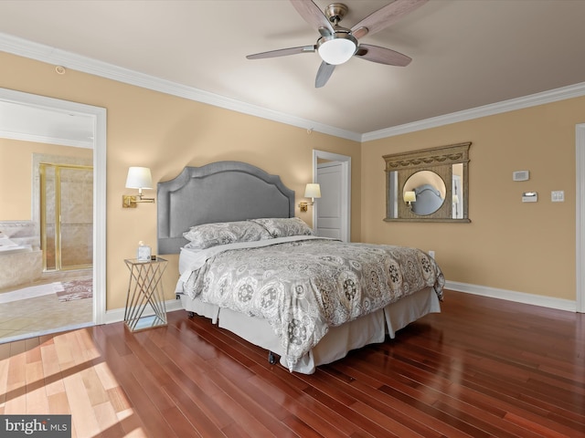 bedroom featuring ornamental molding, baseboards, and wood finished floors