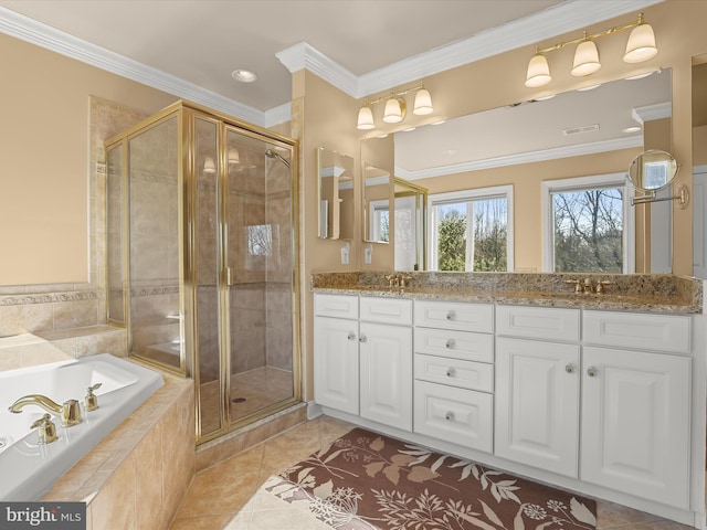 full bath with visible vents, crown molding, and a shower stall