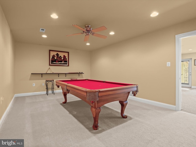 recreation room with baseboards, carpet floors, visible vents, and recessed lighting