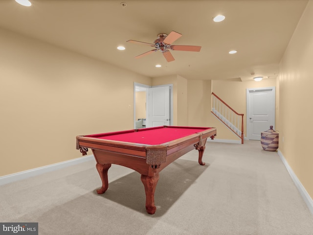 playroom with ceiling fan, recessed lighting, billiards, baseboards, and carpet