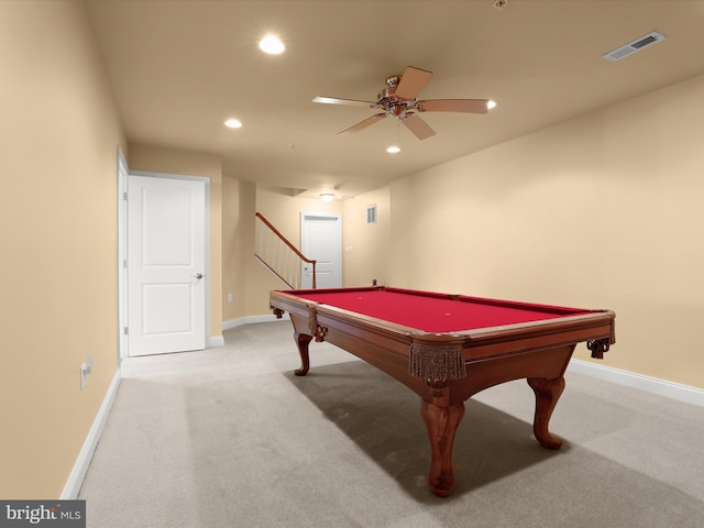 game room with baseboards, light carpet, visible vents, and recessed lighting