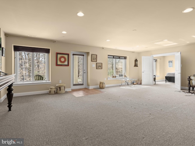 misc room with baseboards, carpet flooring, and recessed lighting