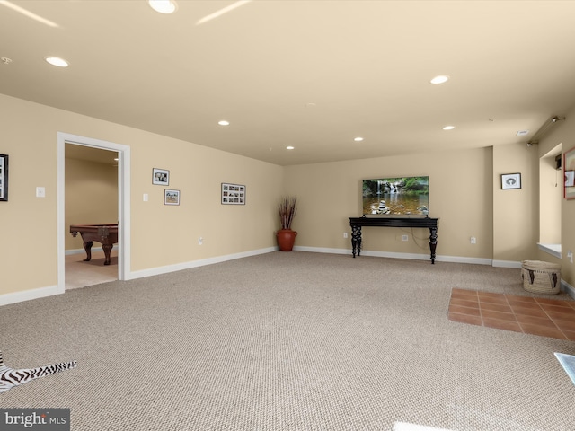 interior space with baseboards, billiards, and recessed lighting