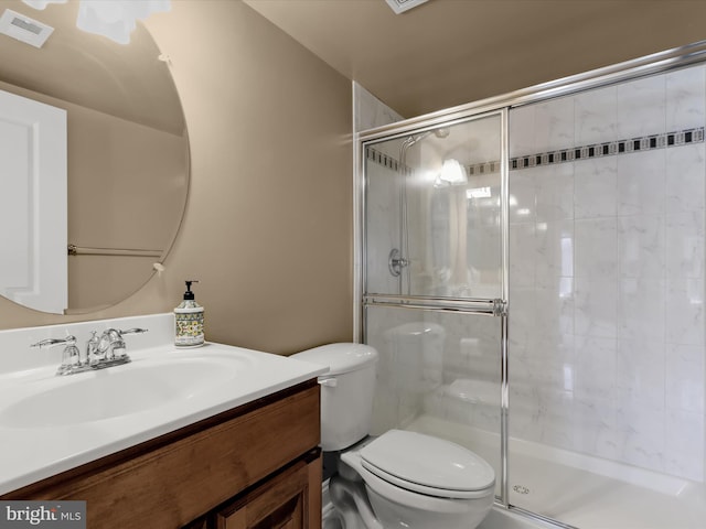 full bath with a stall shower, visible vents, vanity, and toilet