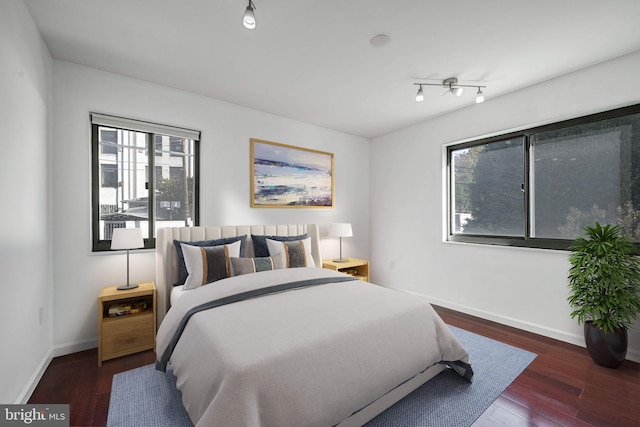 bedroom featuring dark wood-type flooring and multiple windows