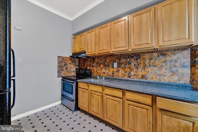 kitchen with ornamental molding, black appliances, decorative backsplash, and sink