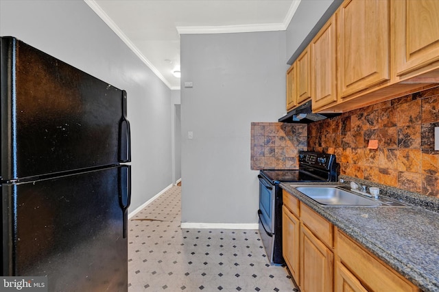 kitchen with light brown cabinets, tasteful backsplash, black appliances, crown molding, and sink