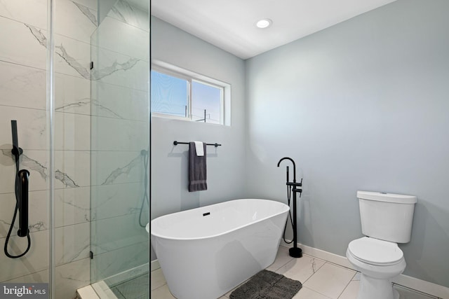 bathroom with separate shower and tub, toilet, and tile patterned flooring