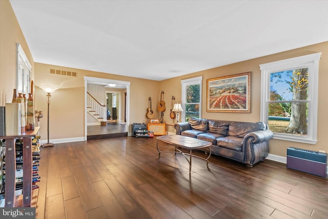 living room featuring dark hardwood / wood-style floors and a wealth of natural light