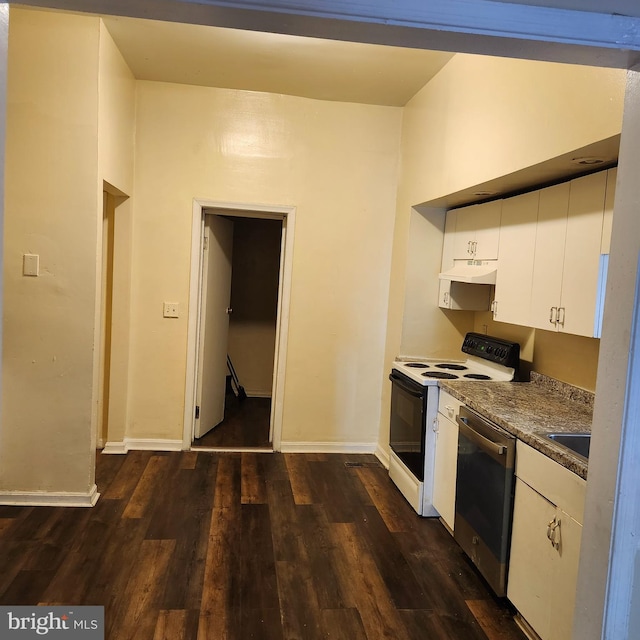 kitchen with stainless steel dishwasher, white range with electric stovetop, white cabinets, and dark wood-type flooring