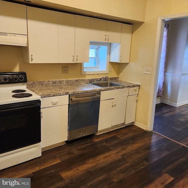 kitchen with exhaust hood, stainless steel dishwasher, dark wood-type flooring, electric stove, and sink