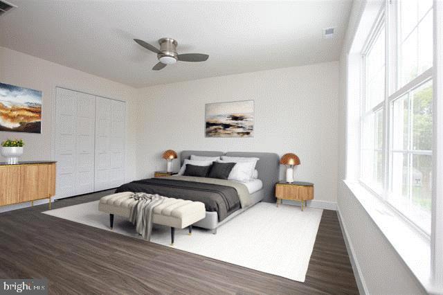 bedroom with dark hardwood / wood-style flooring, a closet, and ceiling fan