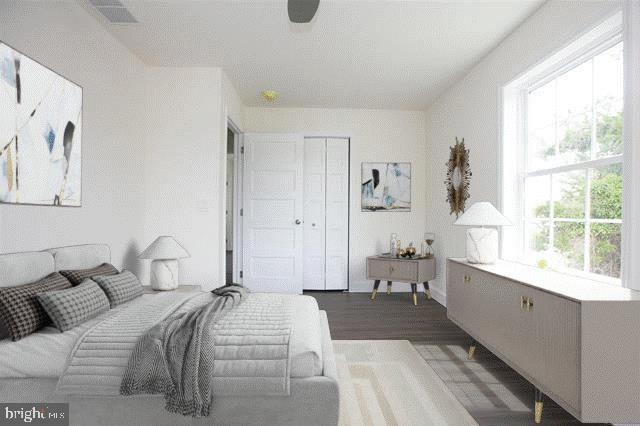 bedroom with dark wood-type flooring, radiator heating unit, and a closet