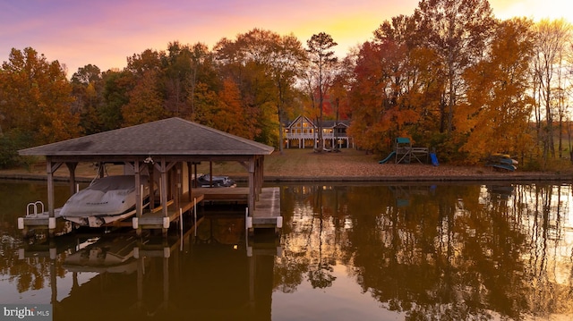 view of dock featuring a water view