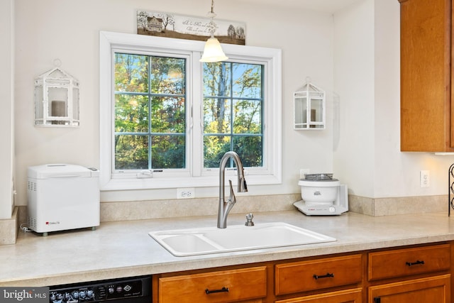 kitchen with dishwasher, sink, and hanging light fixtures