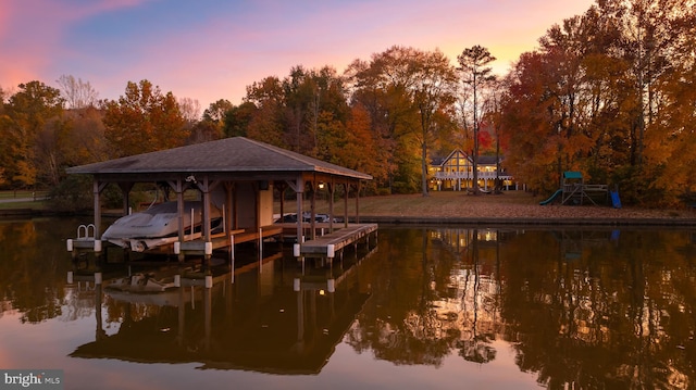 view of dock with a water view