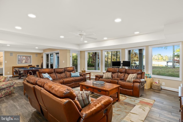 living room with hardwood / wood-style flooring and ceiling fan