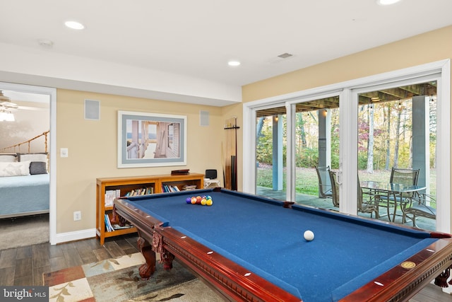 playroom with pool table, dark hardwood / wood-style floors, and ceiling fan