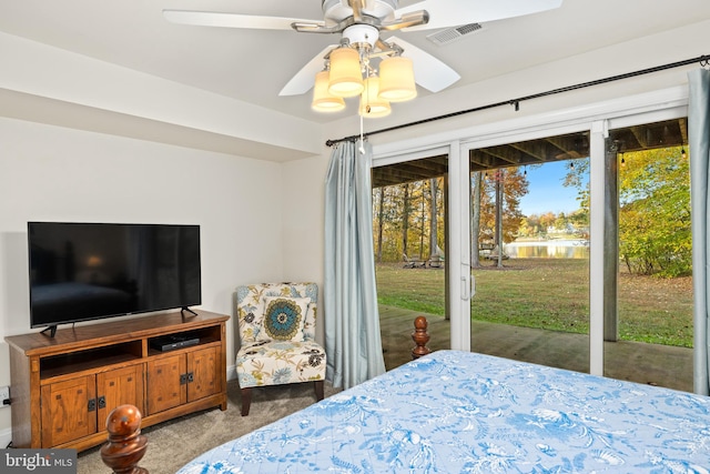 carpeted bedroom featuring access to outside and ceiling fan