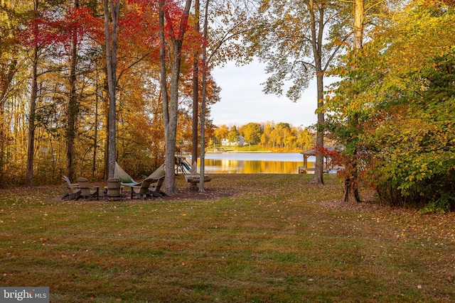 view of yard with a water view