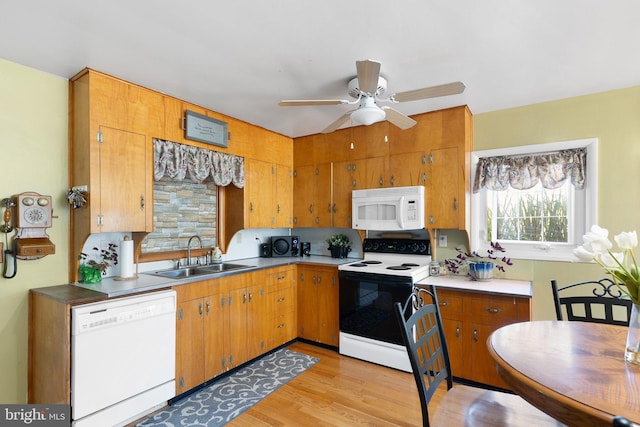 kitchen with white appliances, ceiling fan, sink, and light wood-type flooring