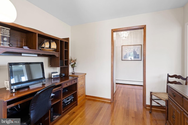 office area with a baseboard heating unit and light wood-type flooring