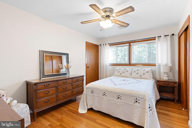 bedroom featuring light hardwood / wood-style floors and ceiling fan