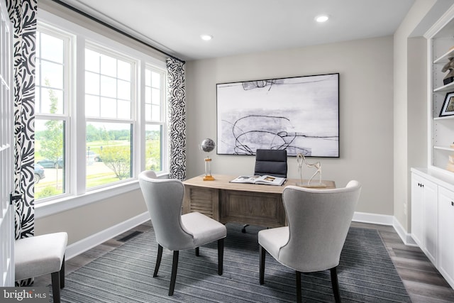 office area with dark wood-type flooring and a wealth of natural light