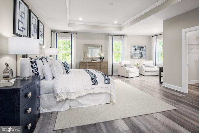 bedroom featuring multiple windows, hardwood / wood-style flooring, and a raised ceiling