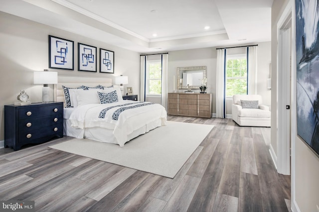 bedroom with a raised ceiling, multiple windows, and hardwood / wood-style floors