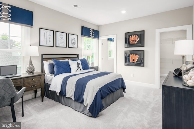 carpeted bedroom featuring a spacious closet and a closet